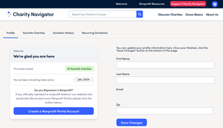 The Charity Navigator account page